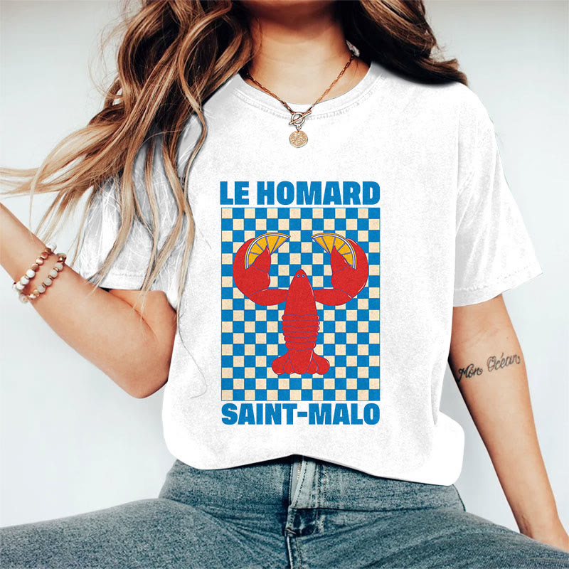 100% Cotton Women's Japanese Checkerboard Lobster Holding Lemon Art Print Casual T-shirt - White - 2XL - image 2