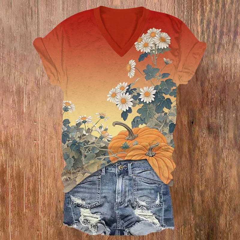 Ombre Halloween Pumpkin Floral Print V-neck T-shirt - Red - US32-34(5XL) - image 2