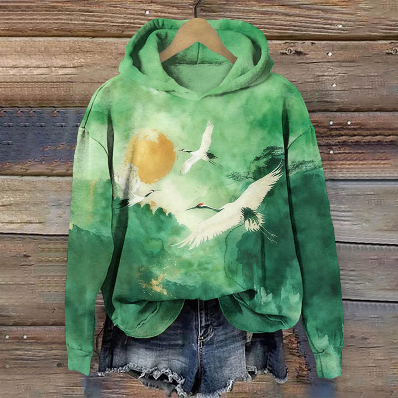 Oil Painting Flying White Cranes Art Print Long Sleeve Hoodie - Green - US44-46(8XL) - image 2