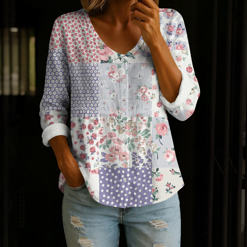Pastoral Romantic Floral Patchwork Print Button V-neck A-line Long Sleeve Blouse - Purple - 4XL - image 6