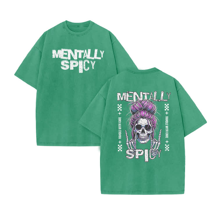 Mentally Spicy Skull Print Acid Washed T-shirt - Green - US20-22(3XL) - image 4
