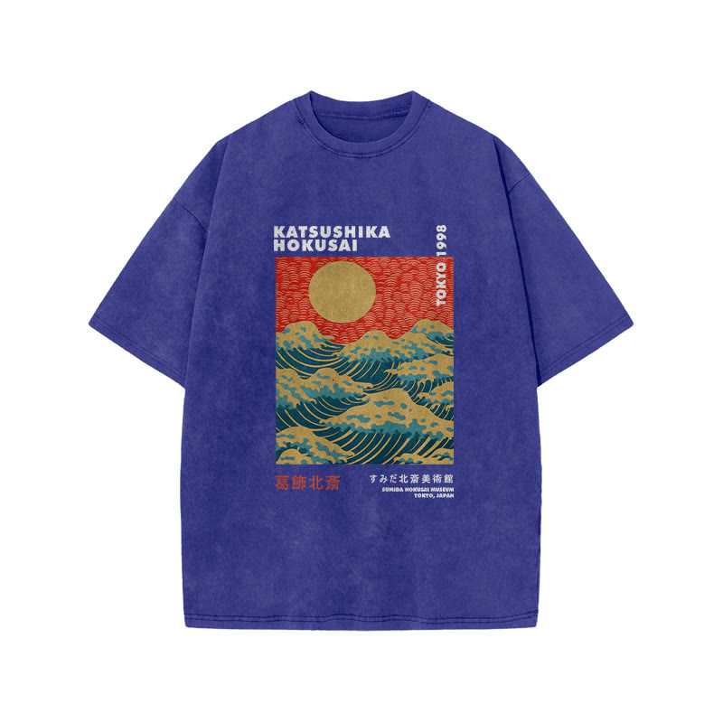 Unisex 100% Cotton Katsushika Hokusai Vintage Print Acid Washed T-shirt - Blue - 3XL - image 6