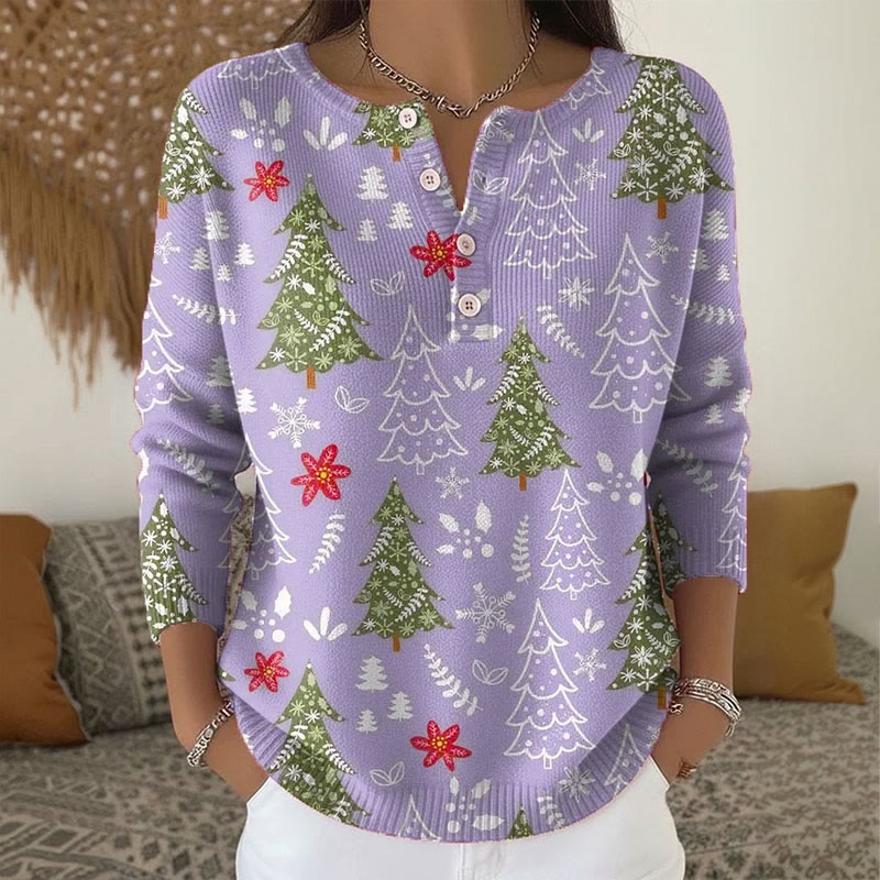 Women's Christmas Tree Print Button Sweater - Purple - 5XL - image 5