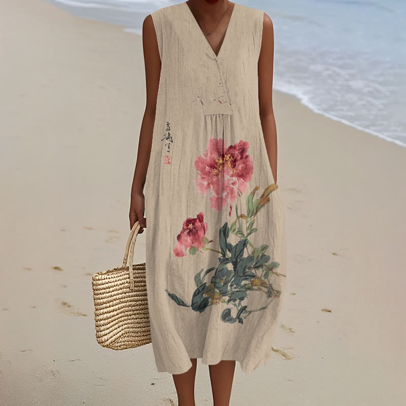 Vintage Japanese Ink Flower Calligraphy Art Print V-neck Sleeveless Dress - Khaki - 5XL - image 4