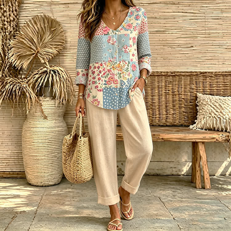 Pastoral Romantic Floral Patchwork Print Button V-neck A-line Long Sleeve Blouse&solid Pants Set - Apricot - 4XL - image 3