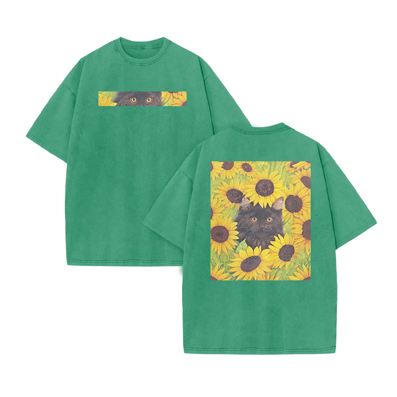 A Black Cat Hidden Among Clusters Of Sunflowers Print Acid Washed T-shirt - Green - US20-22(3XL) - image 8
