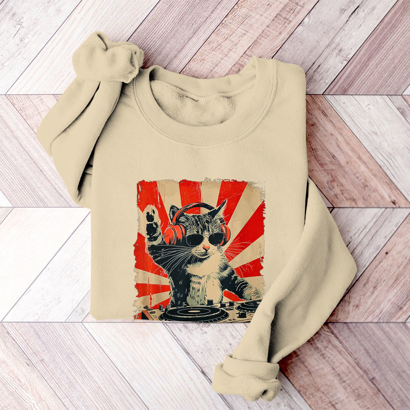 100% Cotton Dj Cat Print Round Neck Casual Fleece Sweatshirt - Apricot - 2XL - image 6