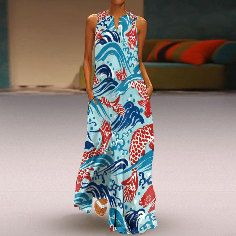 Koi Wave Art Print Sleeveless Maxi Dress - Blue - 5XL - image 1