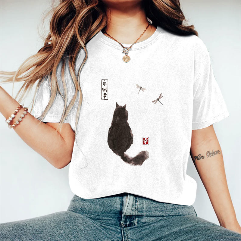 Dashingsoul 100% Cotton Ink Painting Black Cat Japanese Art Print Women's T-shirt