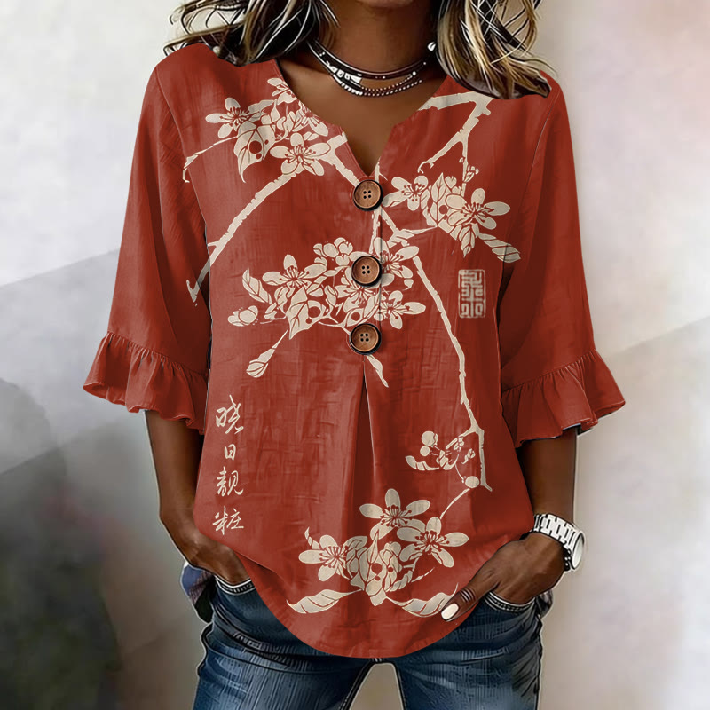 Women's Vintage Botanical Print Button V-neck Blouse With Ruffle Sleeves - Red - US32-34(5XL) - image 3