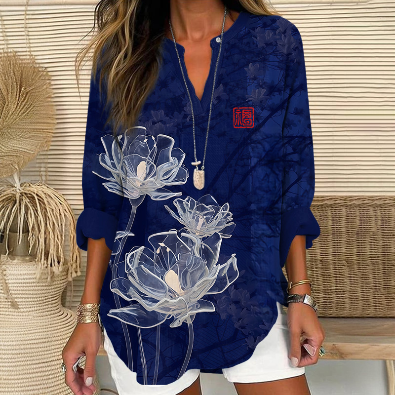 Vintage Transparent Lotus Pattern Art Print V Neck Long Sleeve Blouse - Navy Blue - 8XL - image 1