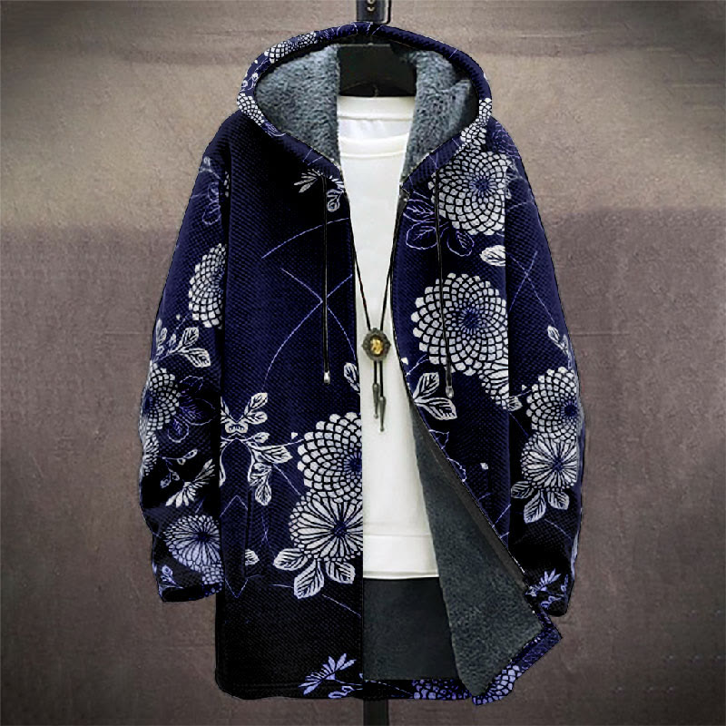 Japanese Retro Sketching Floral Art Print Unisex Plush Thick Long-sleeved Fleece Jacket Coat - image 2