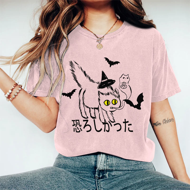 100% Cotton Women's Japanese Halloween Frightened Cat Art Print Casual T-shirt - Pink - 2XL - image 4