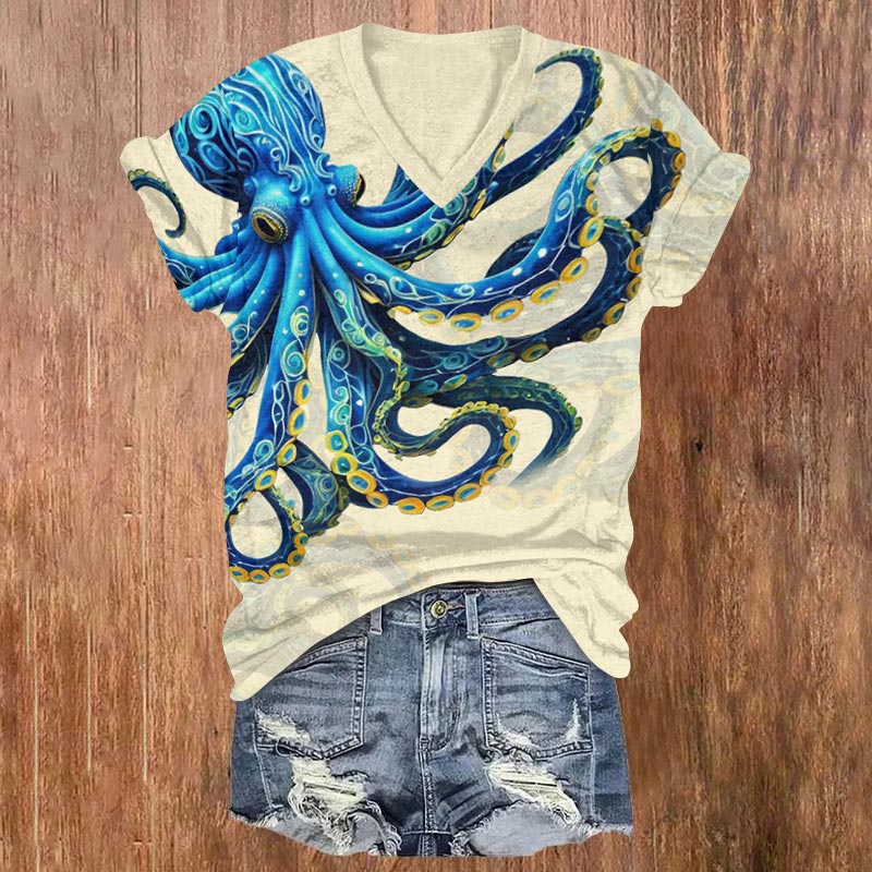 Japanese Oil Painting Octopus Print V-neck T-shirt - Beige - US32-34(5XL) - image 3