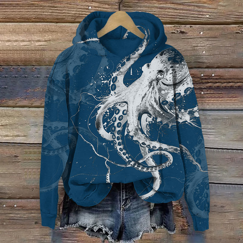 Ink octopus art Print Long Sleeve Hoodie - Navy Blue - US44-46(8XL) - image 2