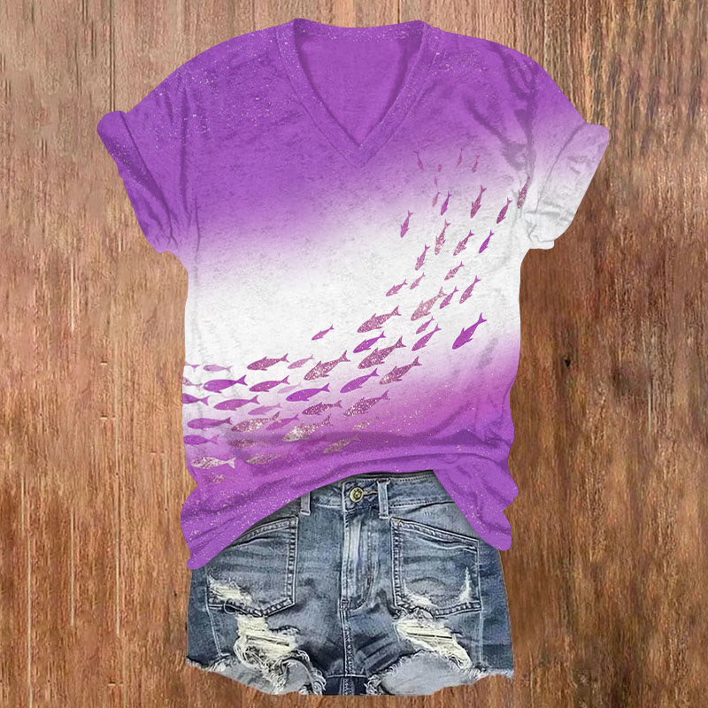 Art School Of Fishes Print V-neck T-shirt - Purple - US32-34(5XL) - image 3