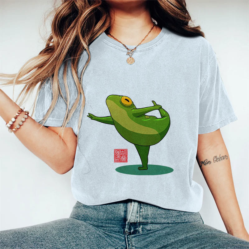 100% Cotton Funny Frog Yoga Art Print Casual T-shirt - Blue - 2XL - image 8