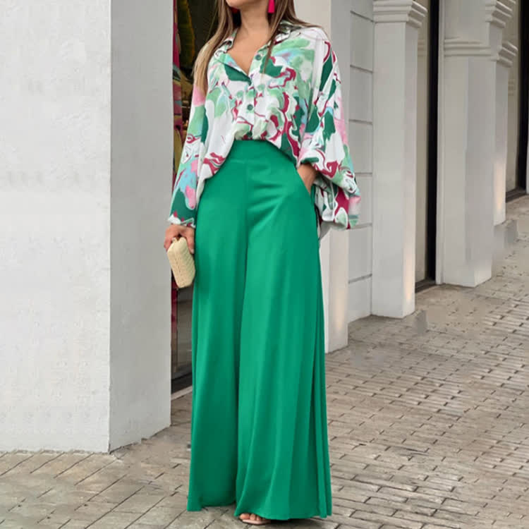 Elegant Color Block Print Turn-down Collar Lantern-sleeve Shirt & Large Pocket Wide-leg Pants Set - Green - 3XL - image 7
