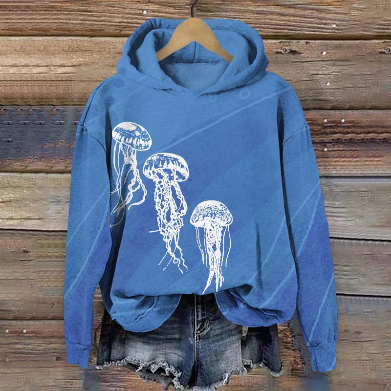 Funny Transparent Jellyfish Art Print Long Sleeve Hoodie - Blue - US44-46(8XL) - image 2