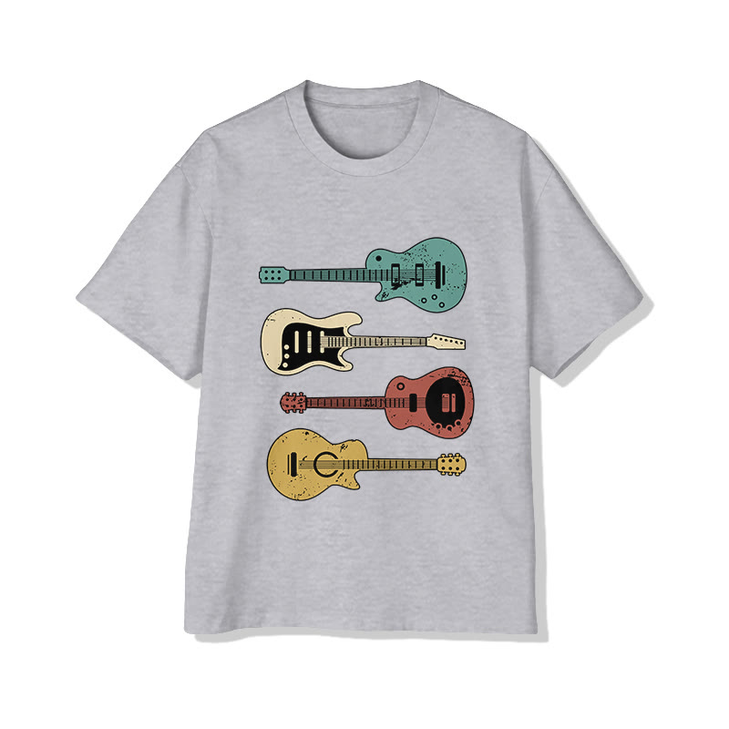 Unisex Vintage Guitar Collection Pattern Short Sleeved Crew Neck T-Shirt - Grey - 2XL - image 3