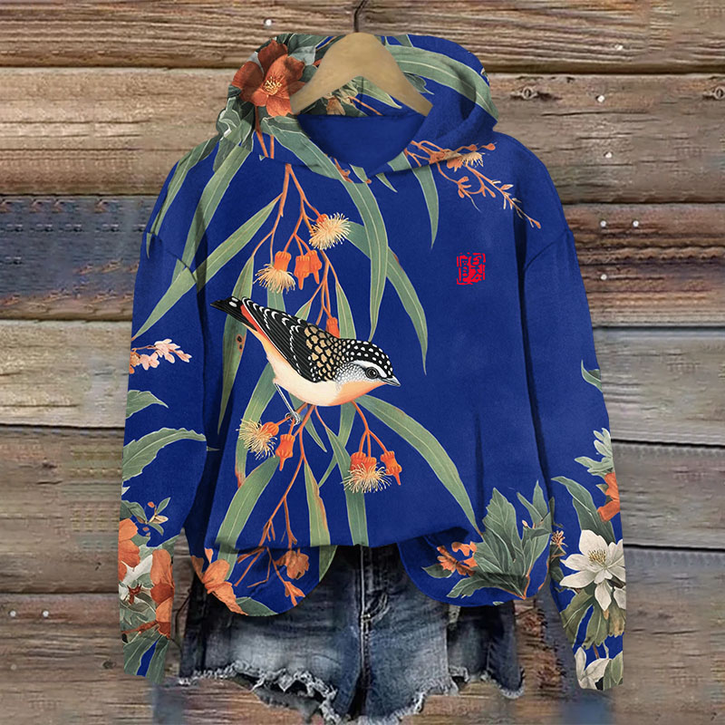 Japanese Vintage Little Bird Pattern Print Long Sleeved Hoodie - Blue - US44-46(8XL) - image 5