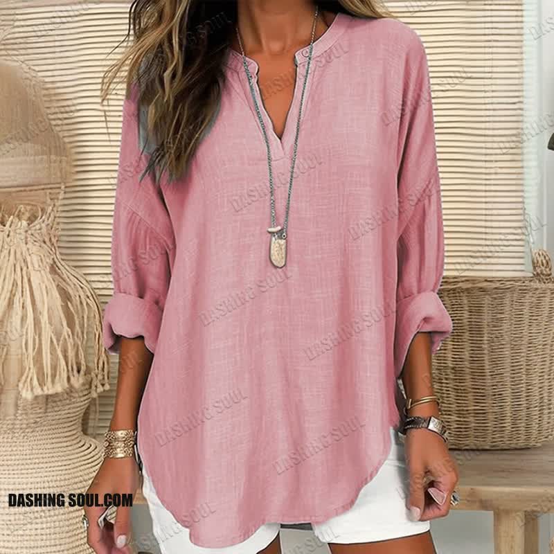 Women's Solid Color V Neck Long Sleeve Blouse