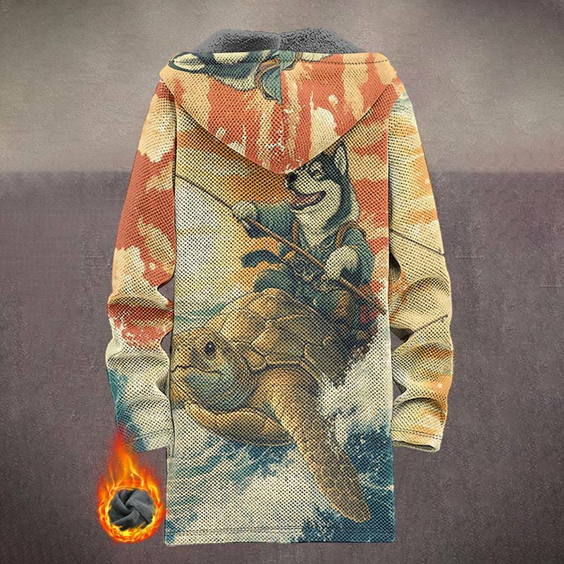 Funny Husky Riding Turtle And Fishing Print Unisex Plush Thick Long-sleeved Fleece Jacket Coat - image 3