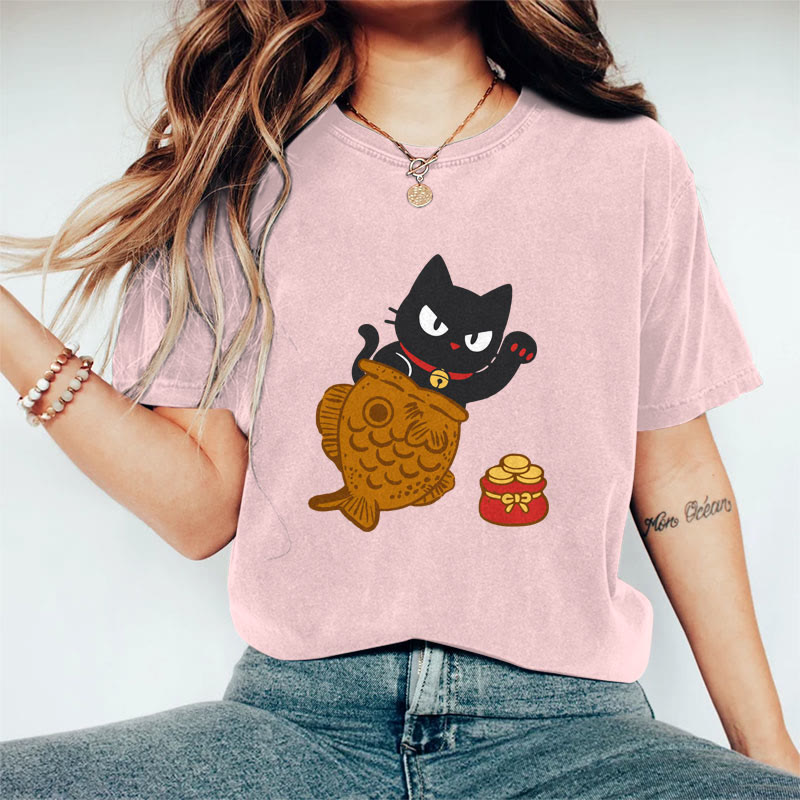 100% Cotton Women's Japanese Lovely Fish Black Cat Art Print Casual T-shirt - Pink - 2XL - image 3