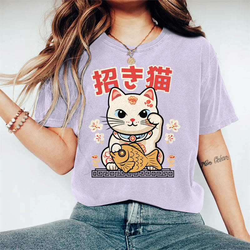 100% Cotton Women's Japanese Lucky Cat Art Print Casual T-shirt - Purple - 2XL - image 4