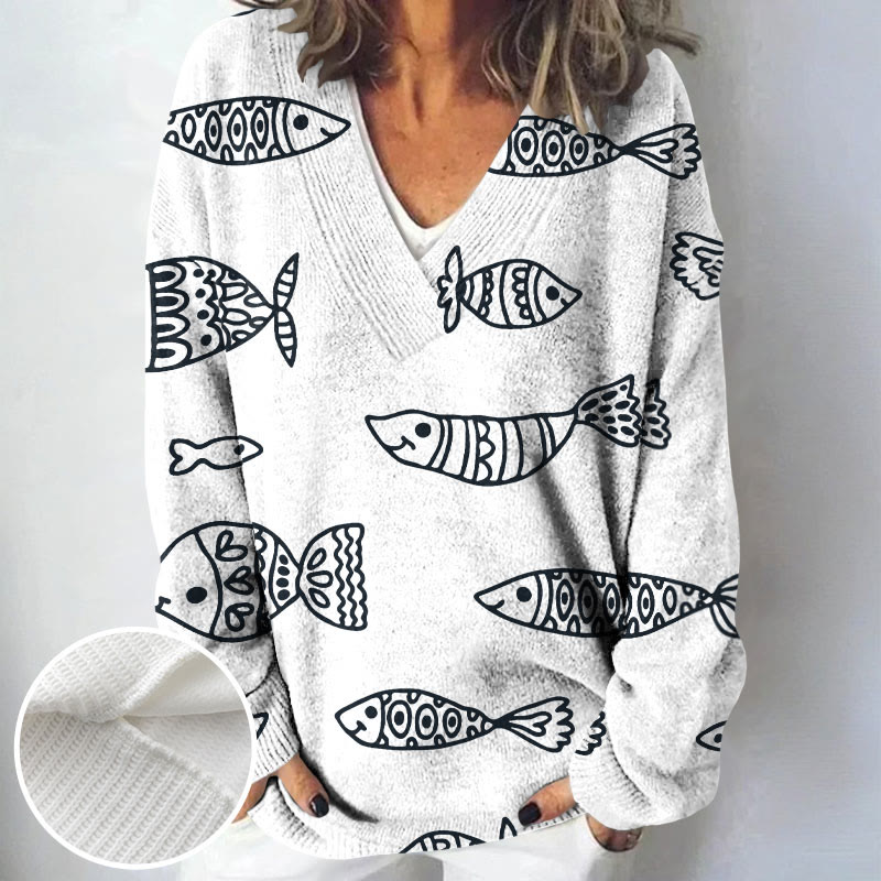 Women's Japanese Style Rubbing Fish Print Causal V-neck Pullover Sweater - White - 4XL - image 2