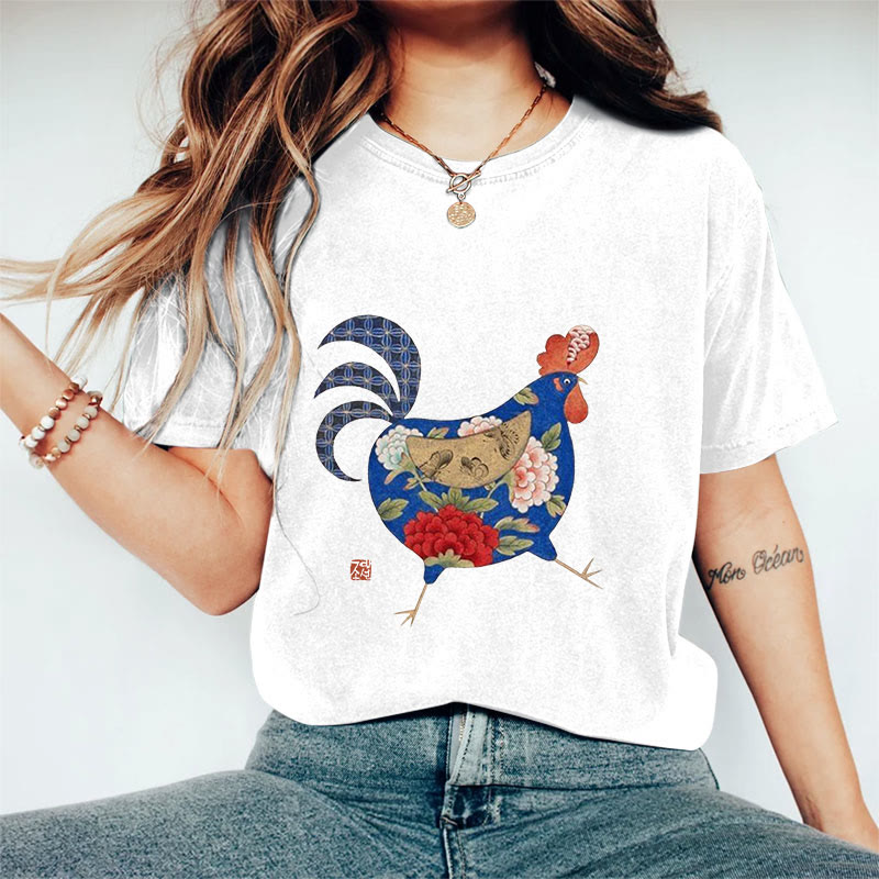 100% Cotton Creative Floral Rooster Art Print T-shirt - White - US16-18(2XL) - image 4