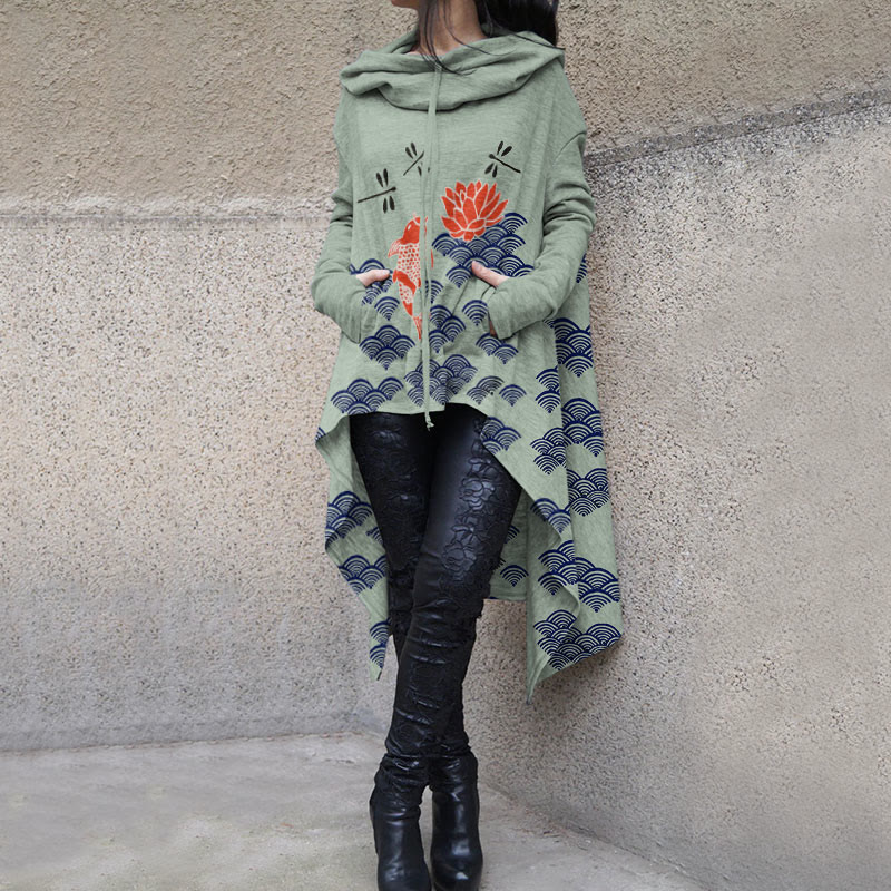 Dashingsoul Japanese Style Koi Fish Dragonfly Wave Art Print Casual Hoodie