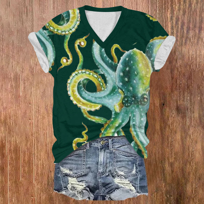 Ocean Art Watercolor Octopus Pattern Print Short Sleeved V-neck T-shirt - Green - US32-34(5XL) - image 4