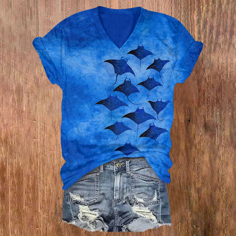 Vintage Manta Ray Art Print V-neck T-shirt - Dark Blue - 5XL - image 3
