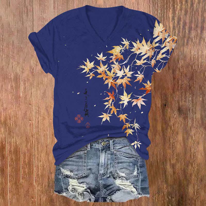Japanese Watercolor Maple Leaf In Fall Art Print V-neck T-shirt - Blue - US32-34(5XL) - image 2