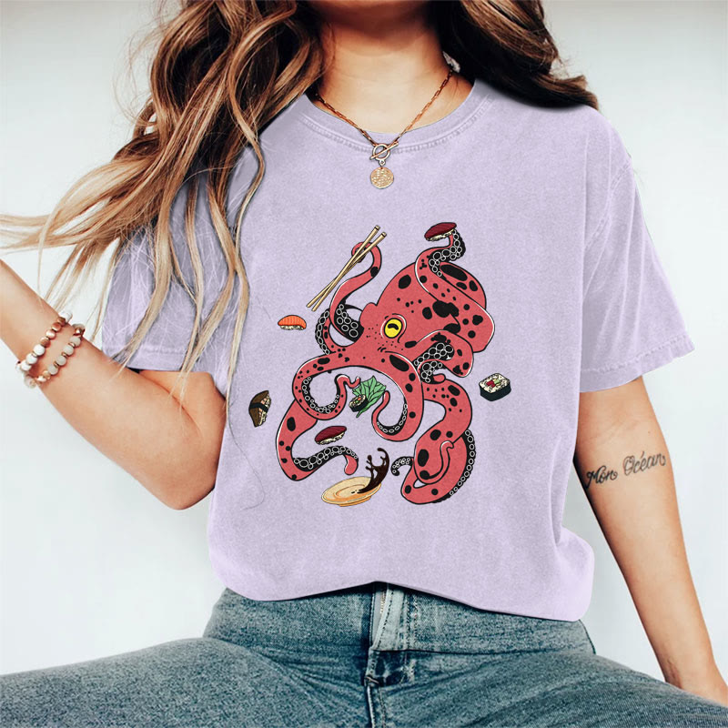 100% Cotton Women's Creative Japanese Octopus Eating Sushi Art Print Casual T-shirt - Purple - 2XL - image 4