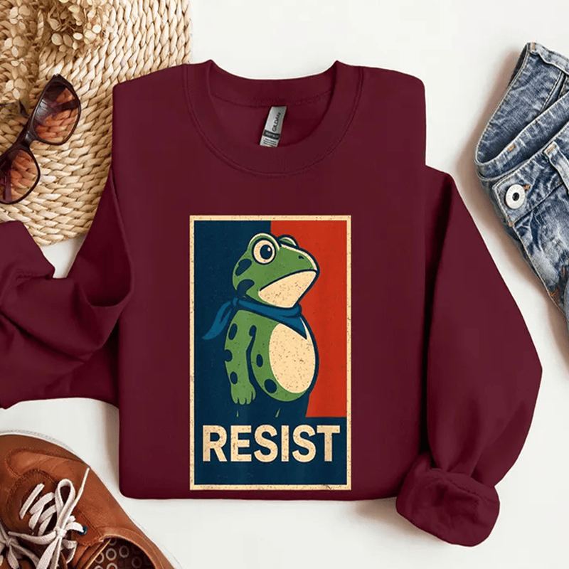 Fun Resistance Frog Print Long Sleeve Sweatshirt - Wine - 5XL - image 4