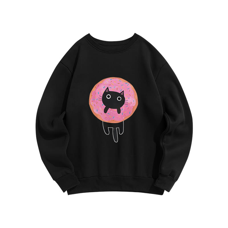 Funny Donut Cat Print Crew Neck Sweatshirt - Black - US16-18(2XL) - image 3