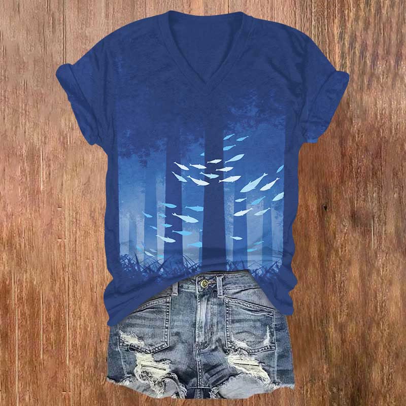 Mysterious Glowing Fish In The Forest Print V-neck T-shirt - Blue - US32-34(5XL) - image 2