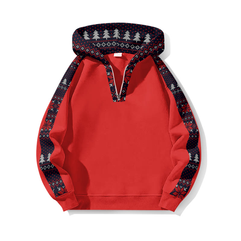 Christmas Snowflake Faux Knit Pattern Patchwork Print Half Zip Hoodie - Red - US32-34(5XL) - image 4