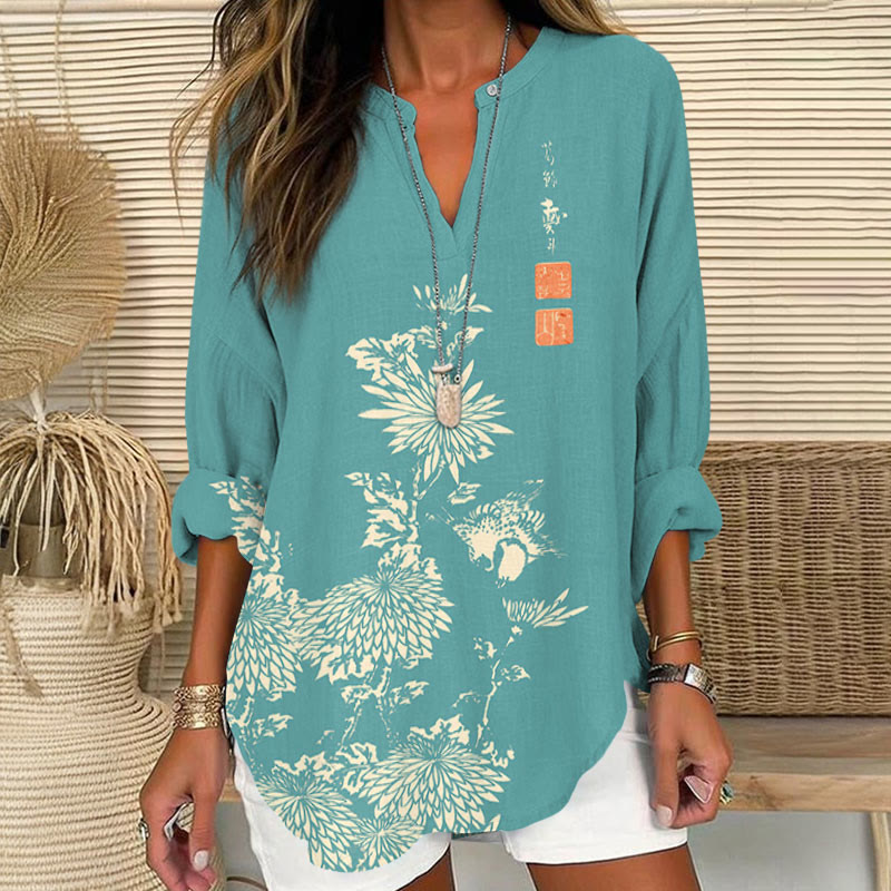 Vintage Chrysanthemum Printed V Neck Long Sleeve Blouse - Blue - 8XL - image 6