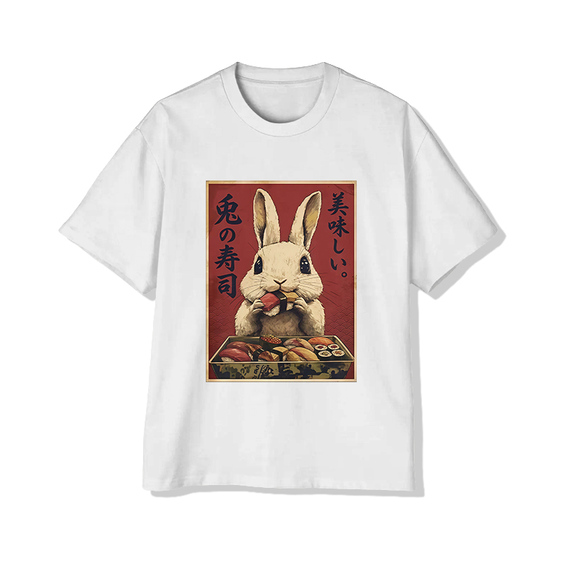 Japanese Bunny Eating Sushi Print Short Sleeved Crew Neck T-shirt - White - 2XL - image 1