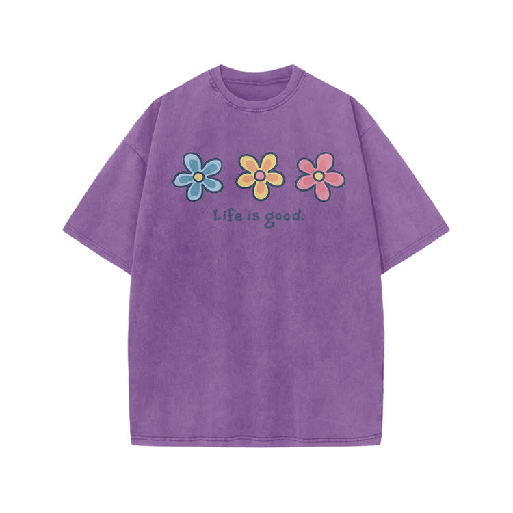 Sunny Bloom Life Is Good Print Acid Washed T-shirt - Purple - US20-22(3XL) - image 7