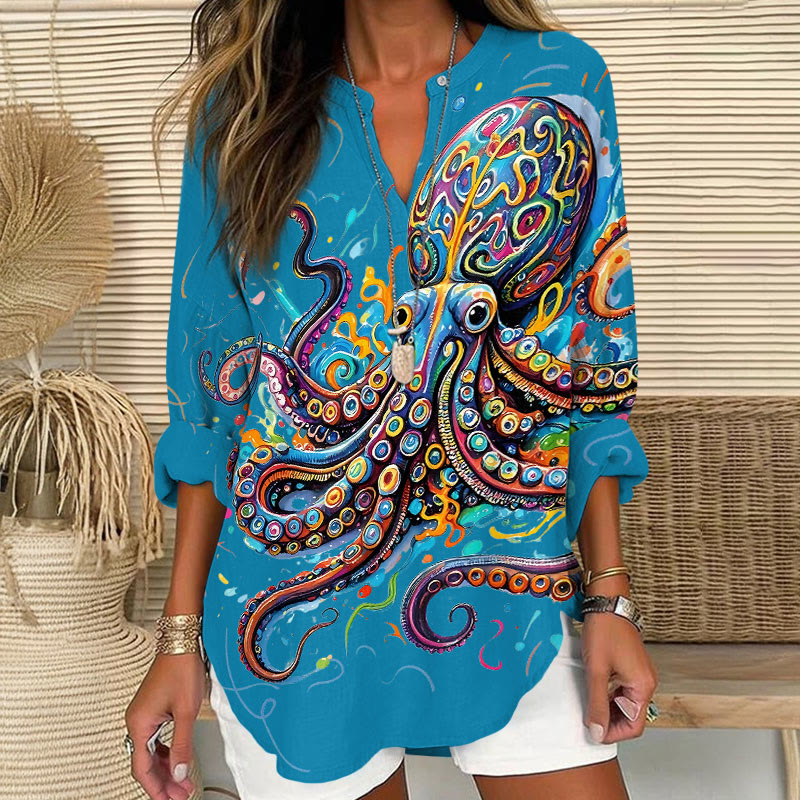 Vintage Rainbow Octopus Art Print V Neck Long Sleeve Blouse - Lake Blue - 8XL - image 6