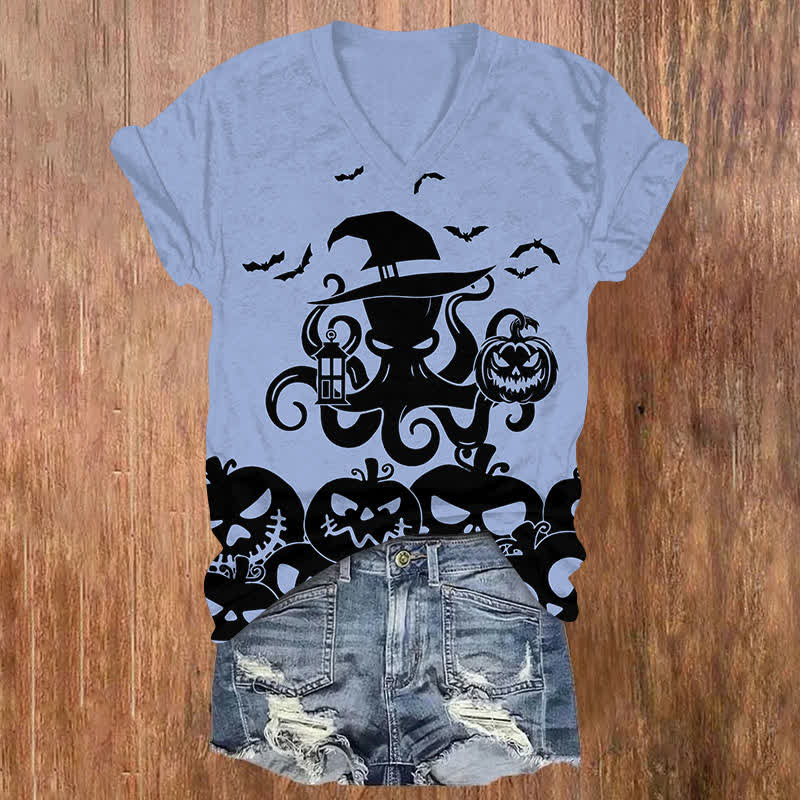 Halloween Creative Octopus Holding Jack-o'-lantern Art Print V-neck T-shirt - Blue - US32-34(5XL) - image 2