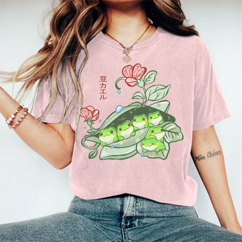 100% Cotton Women's Japanese Funny Frog Pods Art Print Casual T-shirt - Pink - 2XL - image 4