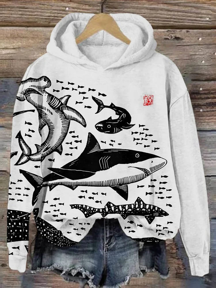 Sharks Japanese Lino Art Graphic Comfy Hoodie