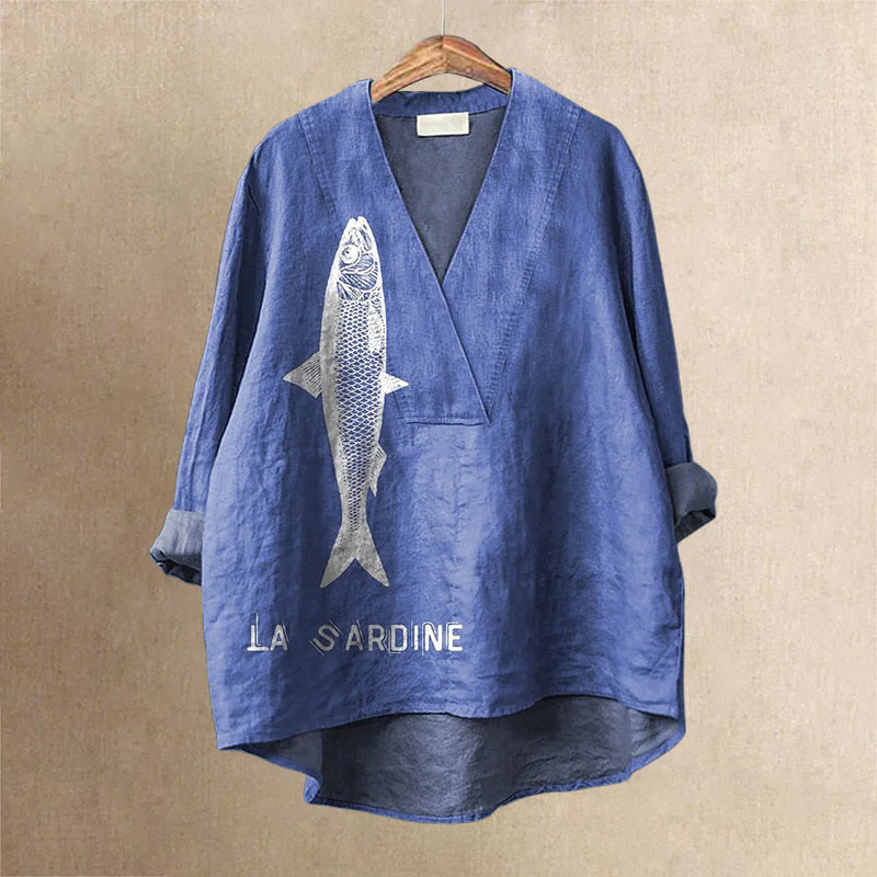 Dashingsoul Sardine Fish Graphic Printed Casual V-neck Shirt