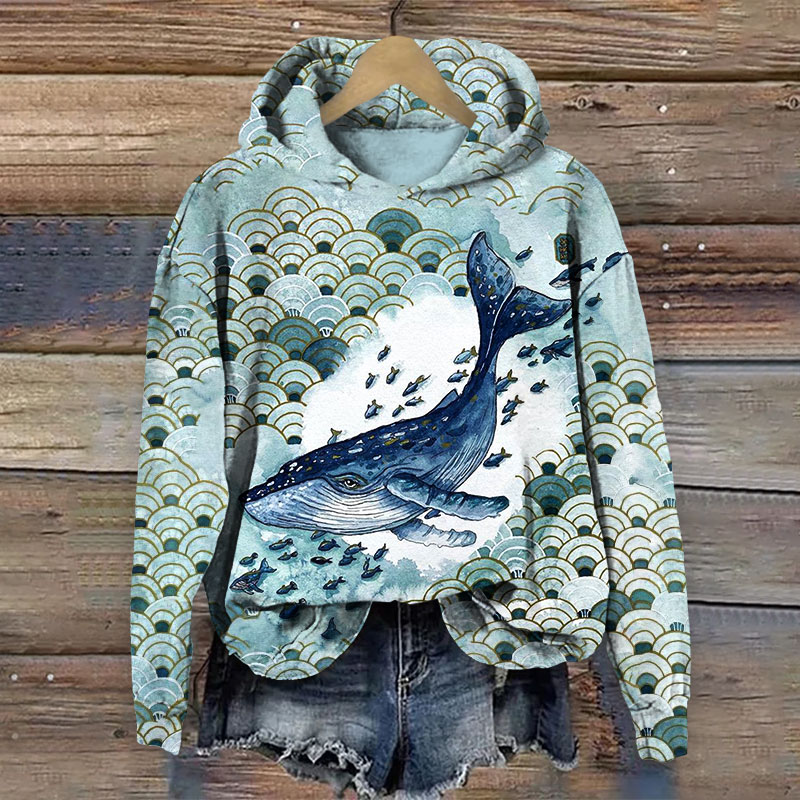 Waves And Whales Print Long Sleeve Hoodie - Green - 8XL - image 1