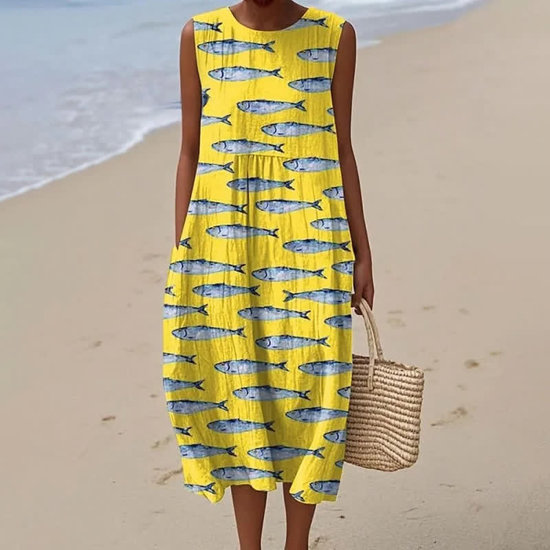 Women's Lovely Fish Art Print Sleeveless Dress - Yellow - 5XL - image 2